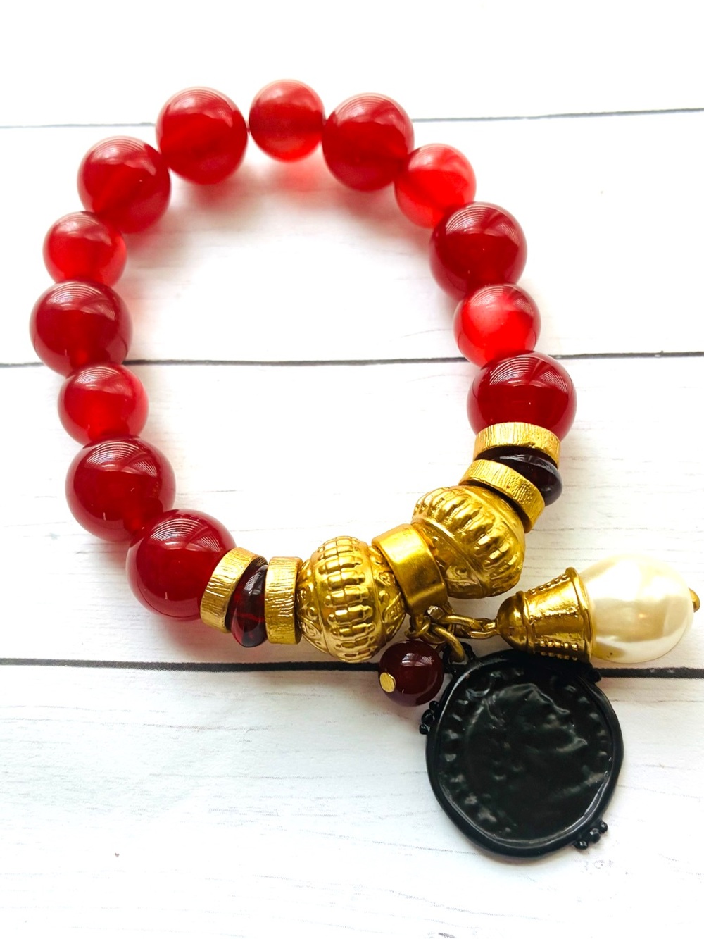 NEW NWOT Chico's Red Gold Beaded Pearl Roman Coin Charm Statement Bracelet